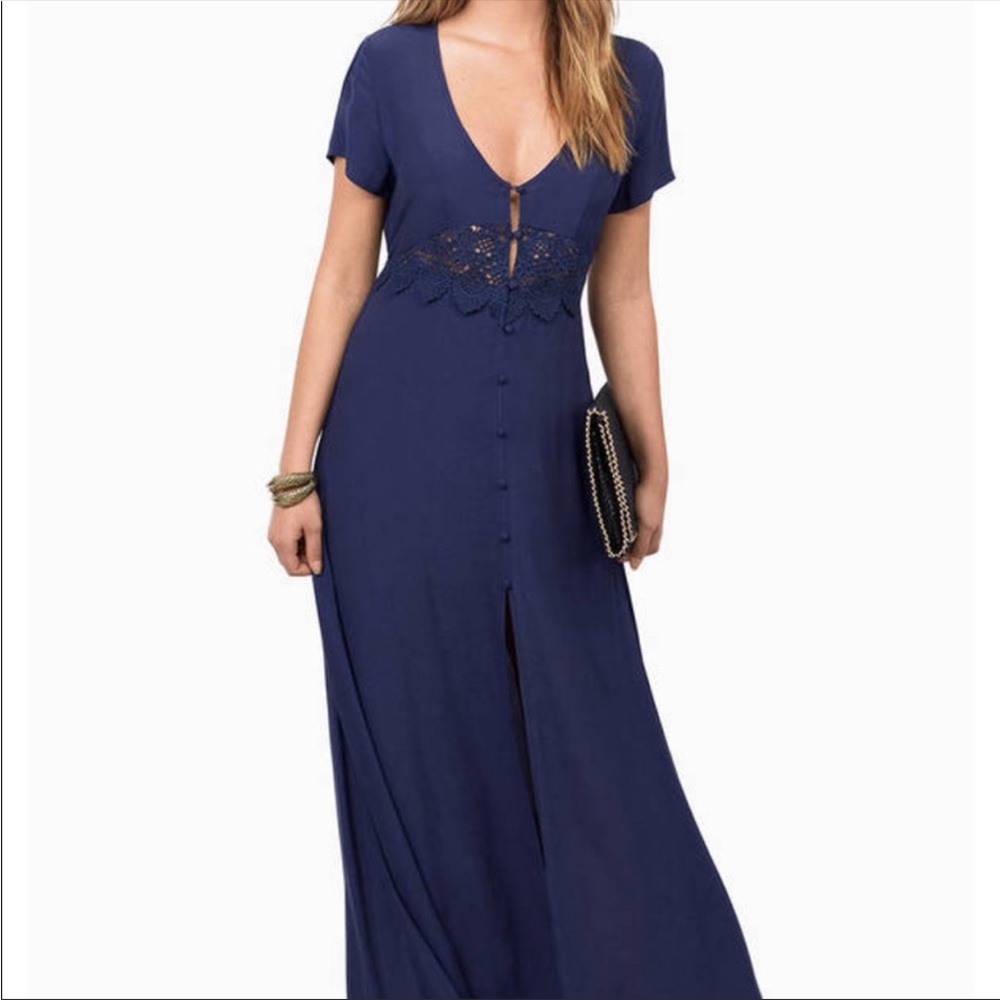 Tobi Navy Blue Floral Maxi Dress Lace Buttons Open Back Short Sleeve Women’s L